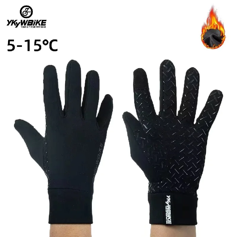 Cycling rain pad-YKYW Pro Thermal Fleece Touch Screen Full Finger Gloves Winter 5-15°C Velvet Waterproof Windproof Warm Anti Slip Elastic Black